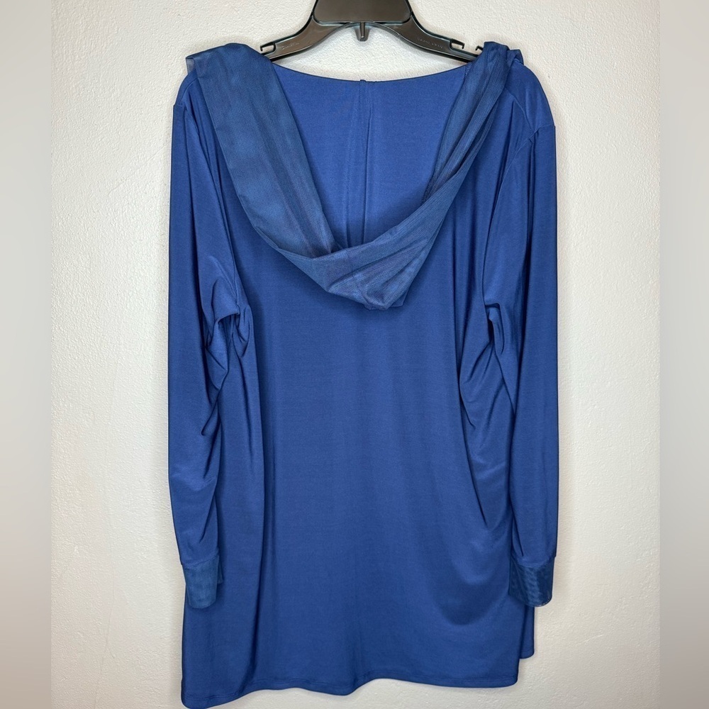 By JJ Navy Blue Duster Hooded Cardigan Size Large Flowy Pockets Long Sleeves - Picture 14 of 15